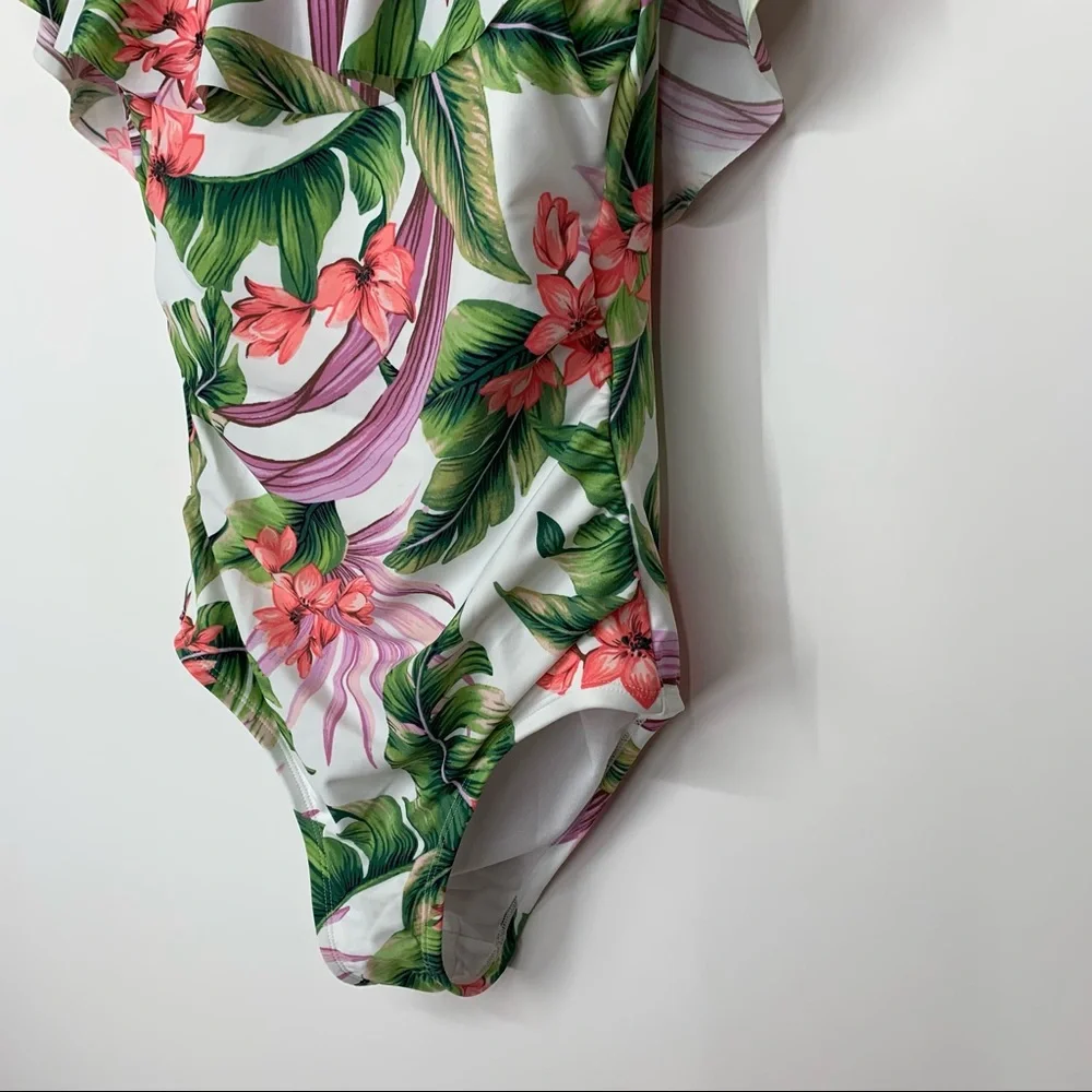 Kona Sol Ruffle Off The Shoulder Tropical High Coverage One Piece Swimsuit